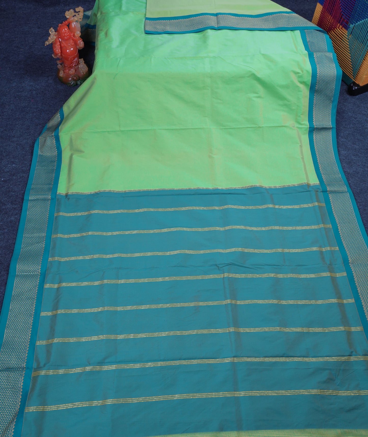 11 Yards Semi Silk Saree Rexona Green with Contrast Sapphire Green Traditional Border