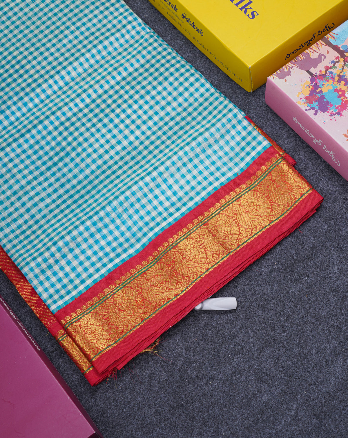 Sky Blue & White Tiny Checks Pure Silk Cotton Saree With Contrast Chilly Red Traditional Border