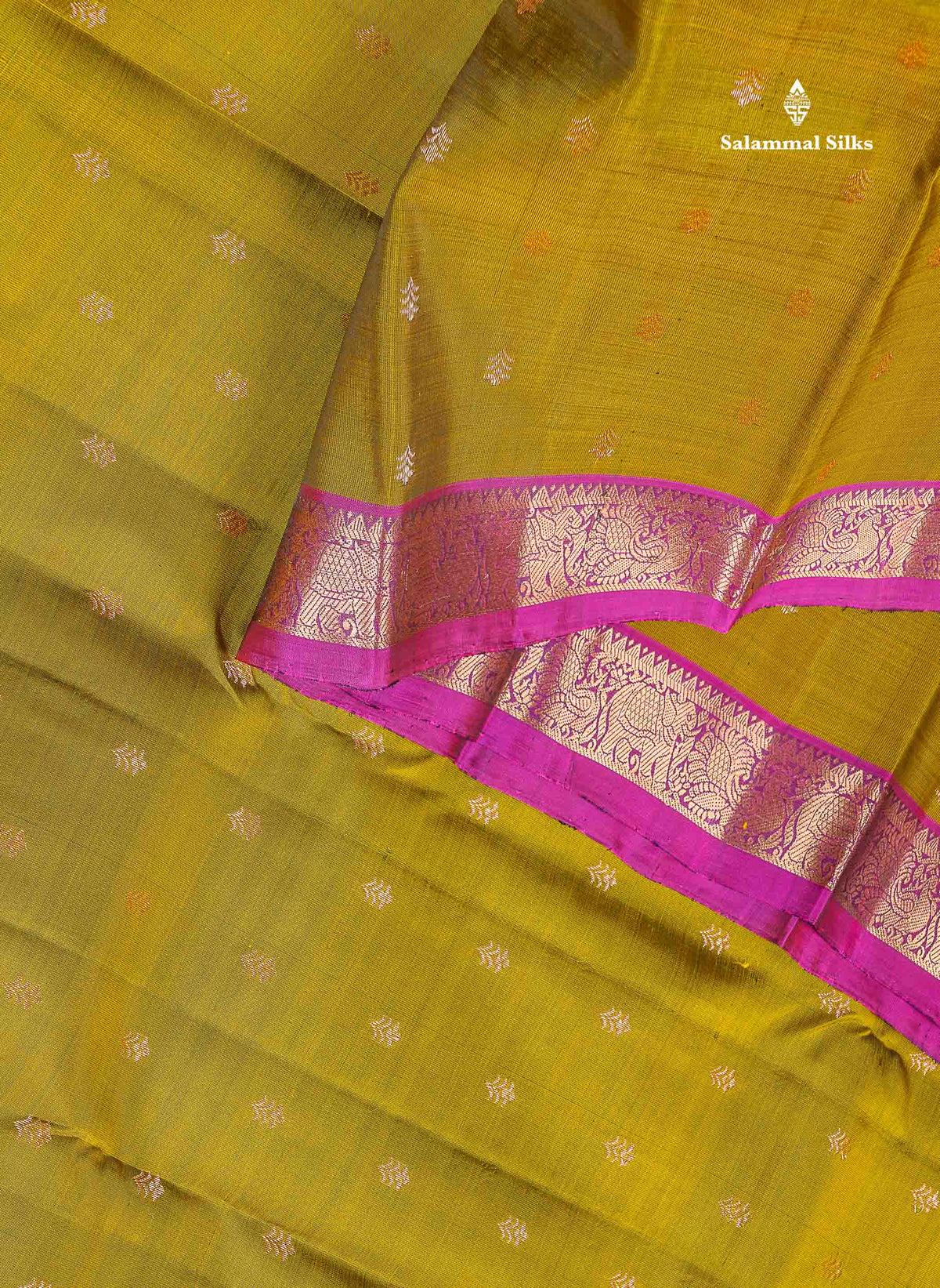 Pure Mix Silk Saree - Olive Green Colour Body Zari Butta With Contrast Magenta Small Border