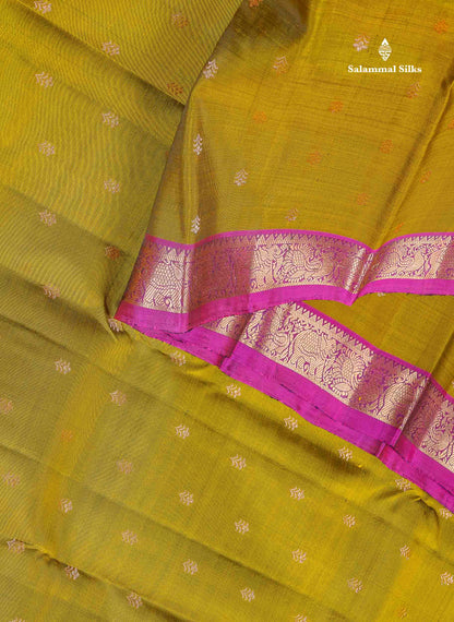 Pure Mix Silk Saree - Olive Green Colour Body Zari Butta With Contrast Magenta Small Border