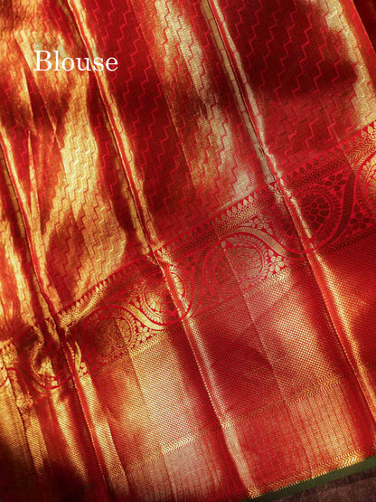 Beautiful Rexona Green Tissue Pure Kanjivaram Silk Saree With Contrast Red Border