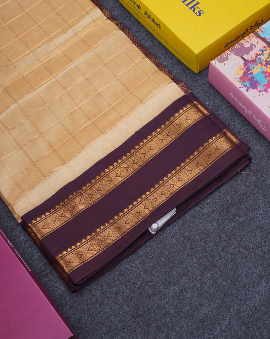 Beige Checks Pure Silk Cotton Saree With Contrast Dark Violet Rettapet Traditional Border
