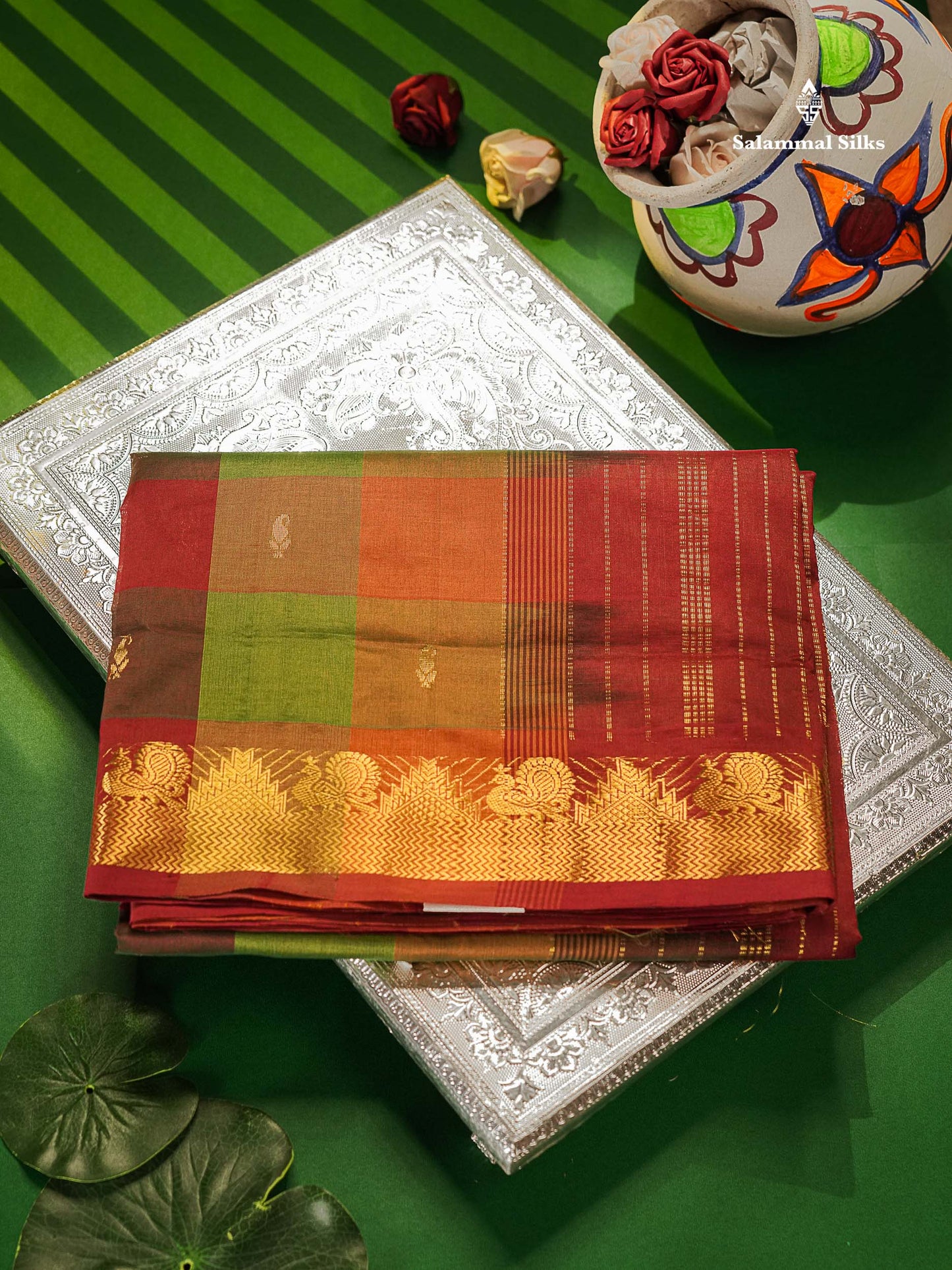 Multicolour Semi Silk Cotton Saree With Traditional Border