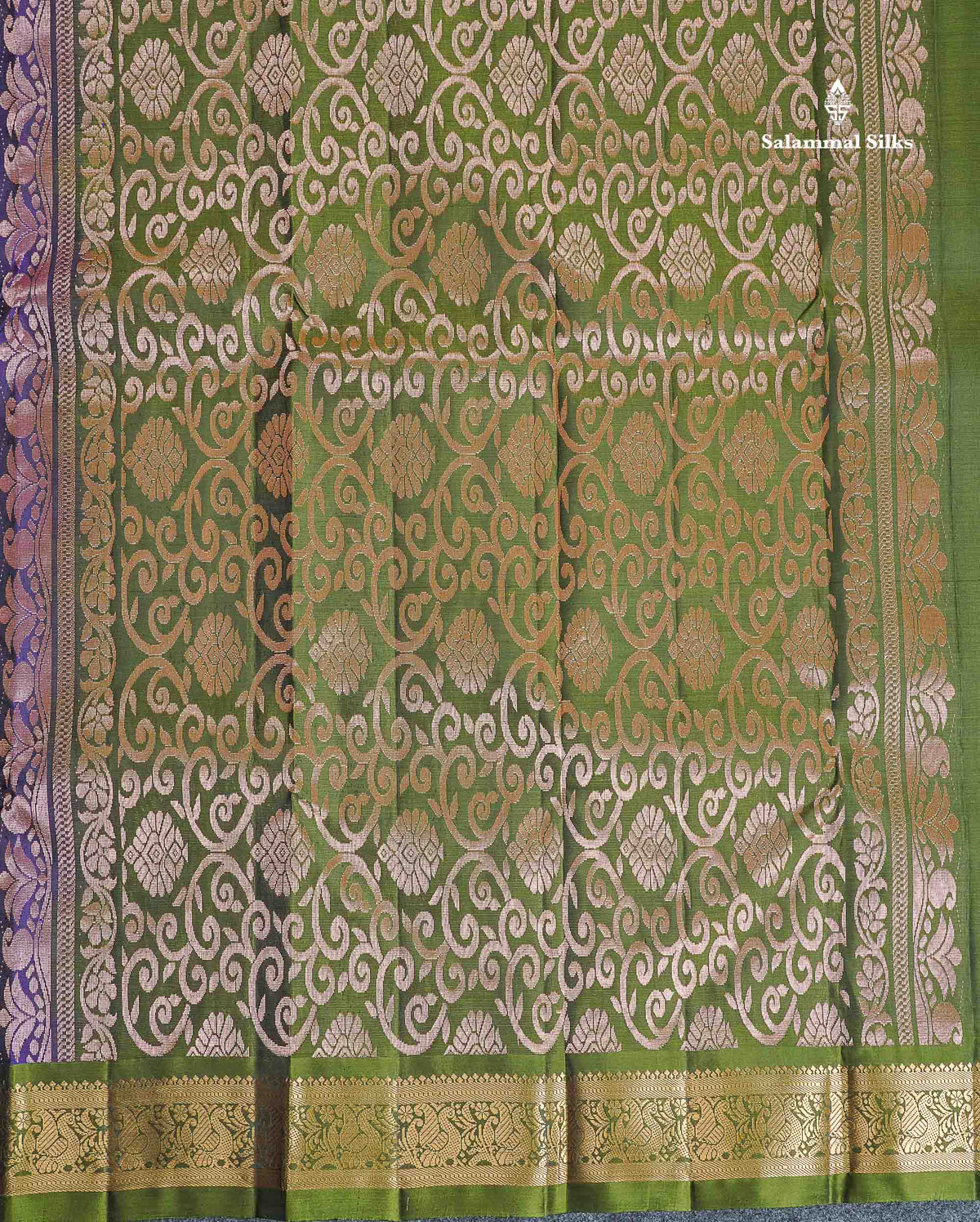 Pure Mix Silk Saree - Violet Colour Body Zari Butta With Contrast Olive Green Small Border