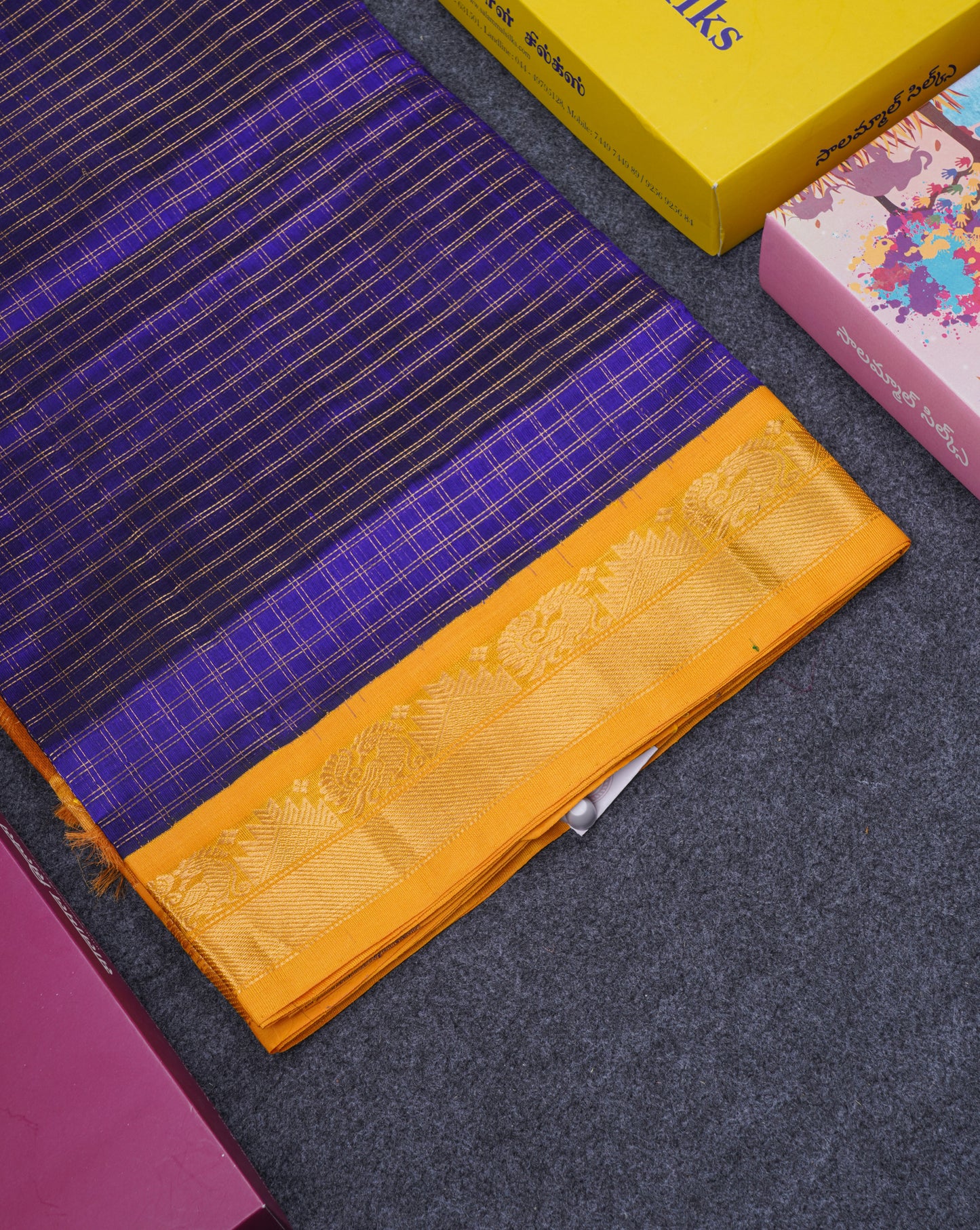 Royal Blue Checks Pure Silk Cotton Saree With Contrast Mustard Yellow Traditional Border