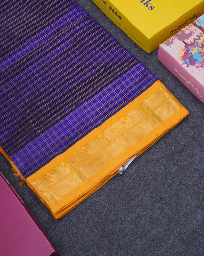 Royal Blue Checks Pure Silk Cotton Saree With Contrast Mustard Yellow Traditional Border