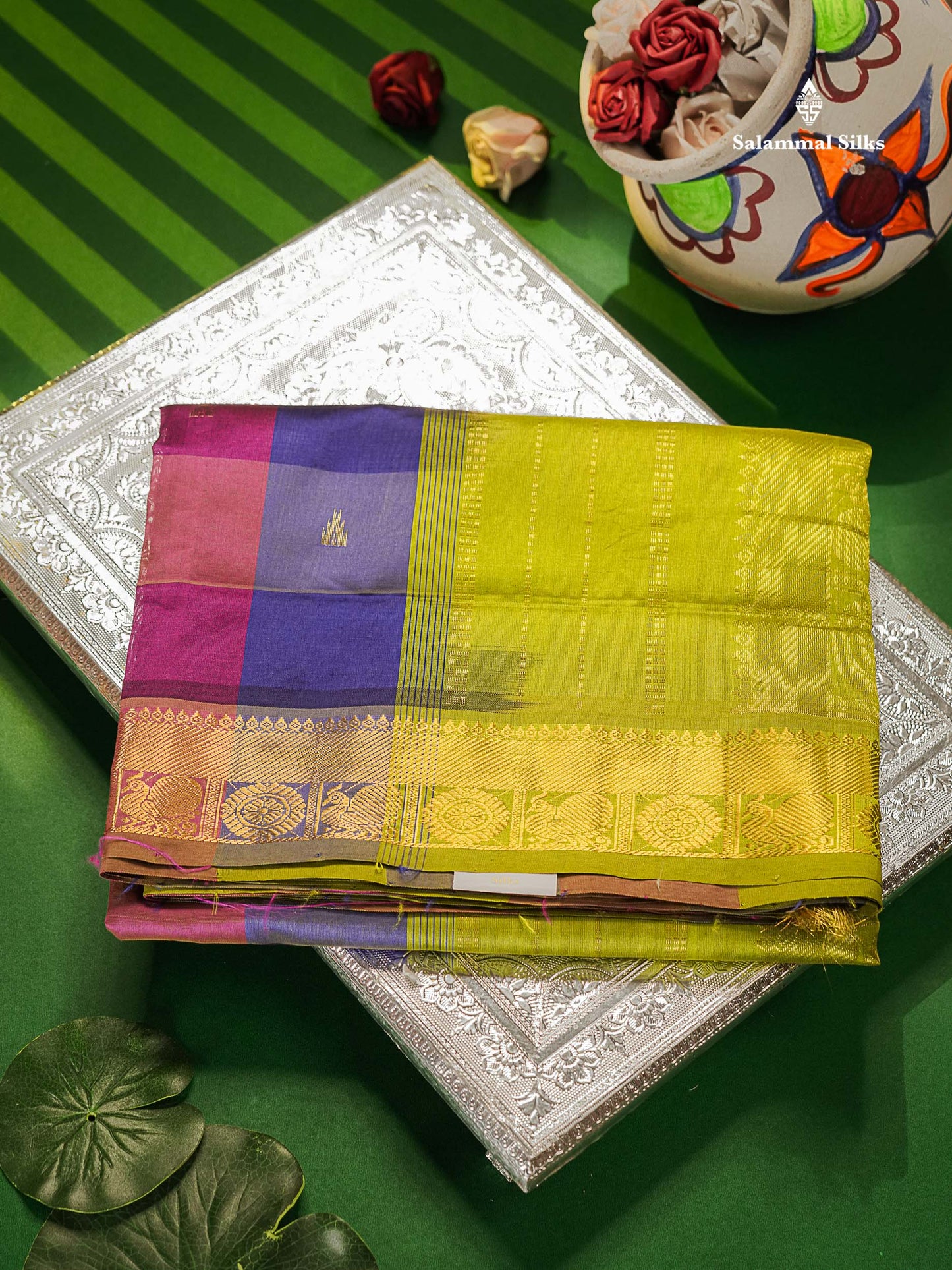 Multicolour Semi Silk Cotton Saree  With Traditional Border