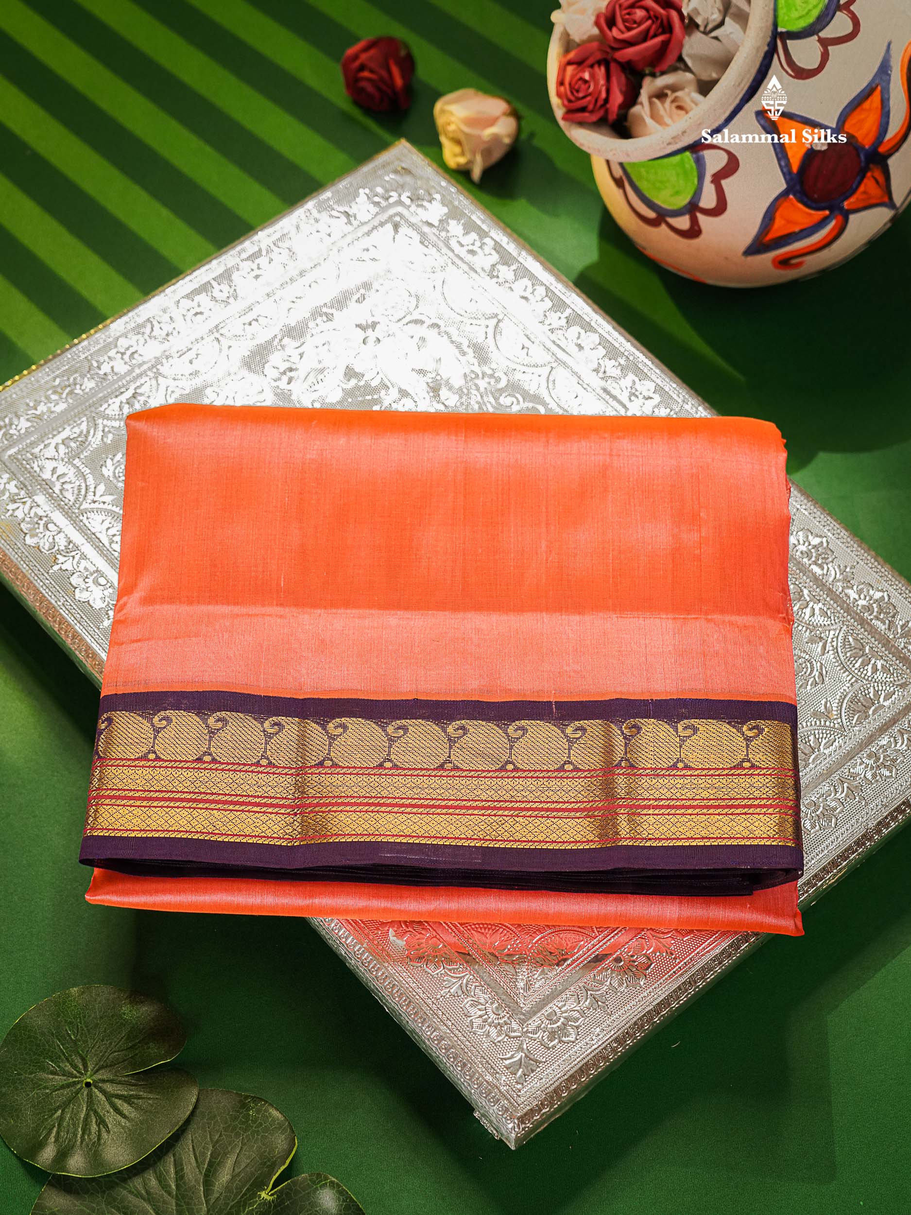 Peach Korvai Pure Silk Cotton Saree With Dark Purple Border