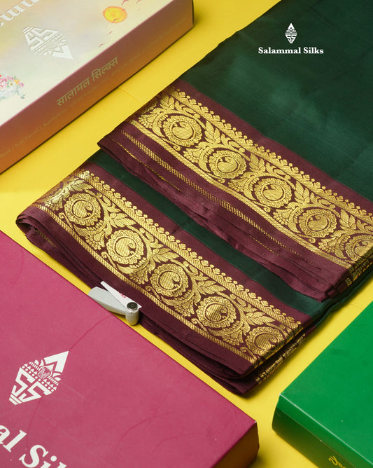 Beautiful Bottle Green 9Yards Pure Silk Saree With (3.6 inch) Dark Maroon Border