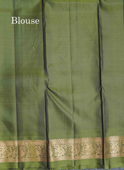 Pure Mix Silk Saree - Violet Colour Body Zari Butta With Contrast Olive Green Small Border