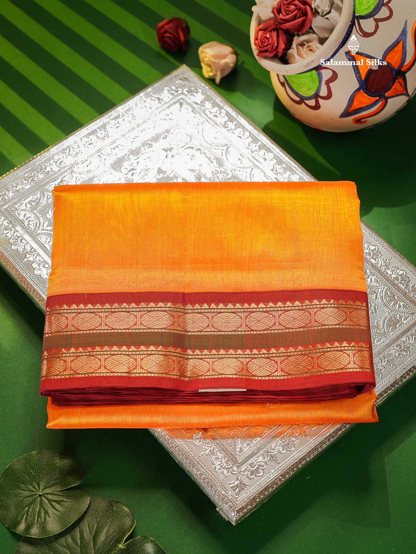 Mango Yellow Korvai Pure Silk Cotton Saree With Maroon Border