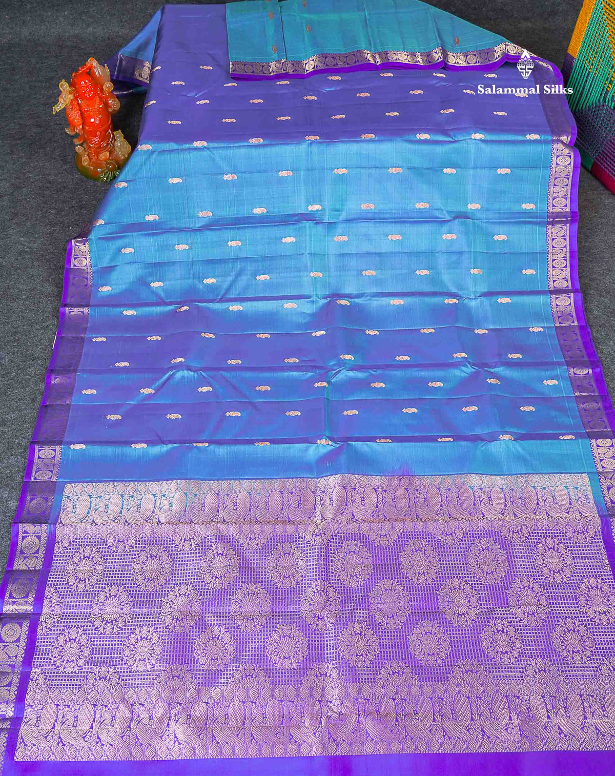 Pure Mix Silk Saree - Dual Tone Blue Colour Body Zari Butta With Contrast Violet Small Border 