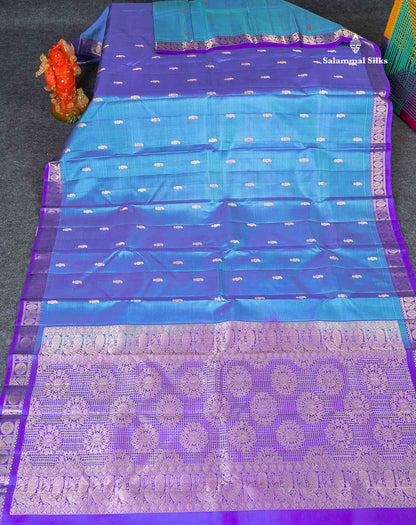 Pure Mix Silk Saree - Dual Tone Blue Colour Body Zari Butta With Contrast Violet Small Border 