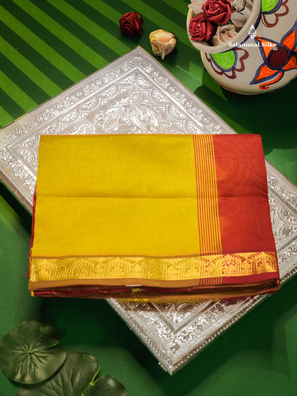 Manthulir Yellow Semi Silk Cotton Saree With Traditional Small Border