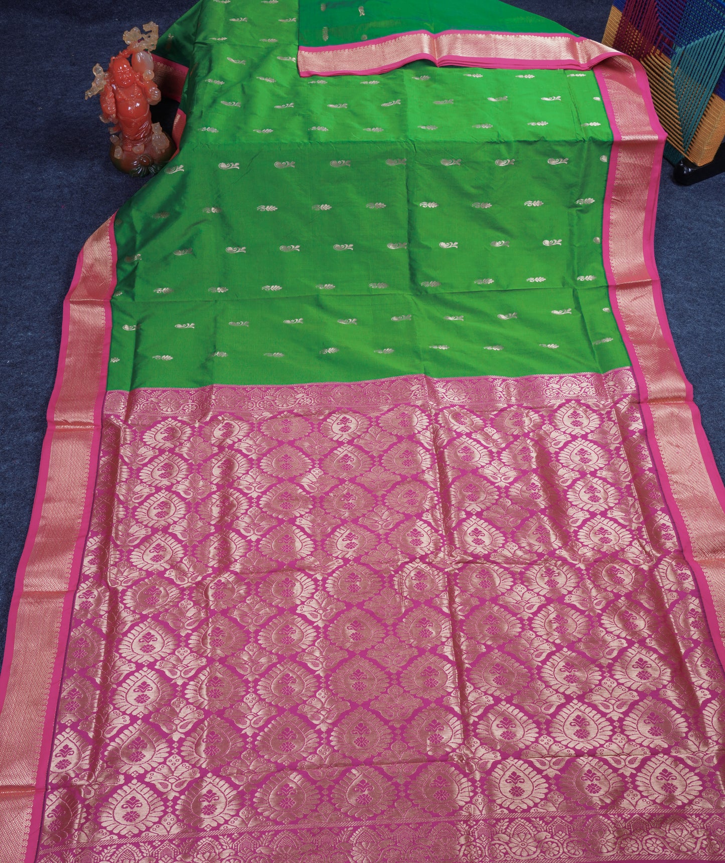 11 Yards Semi Silk Saree Green with Contrast Pink Traditional Border