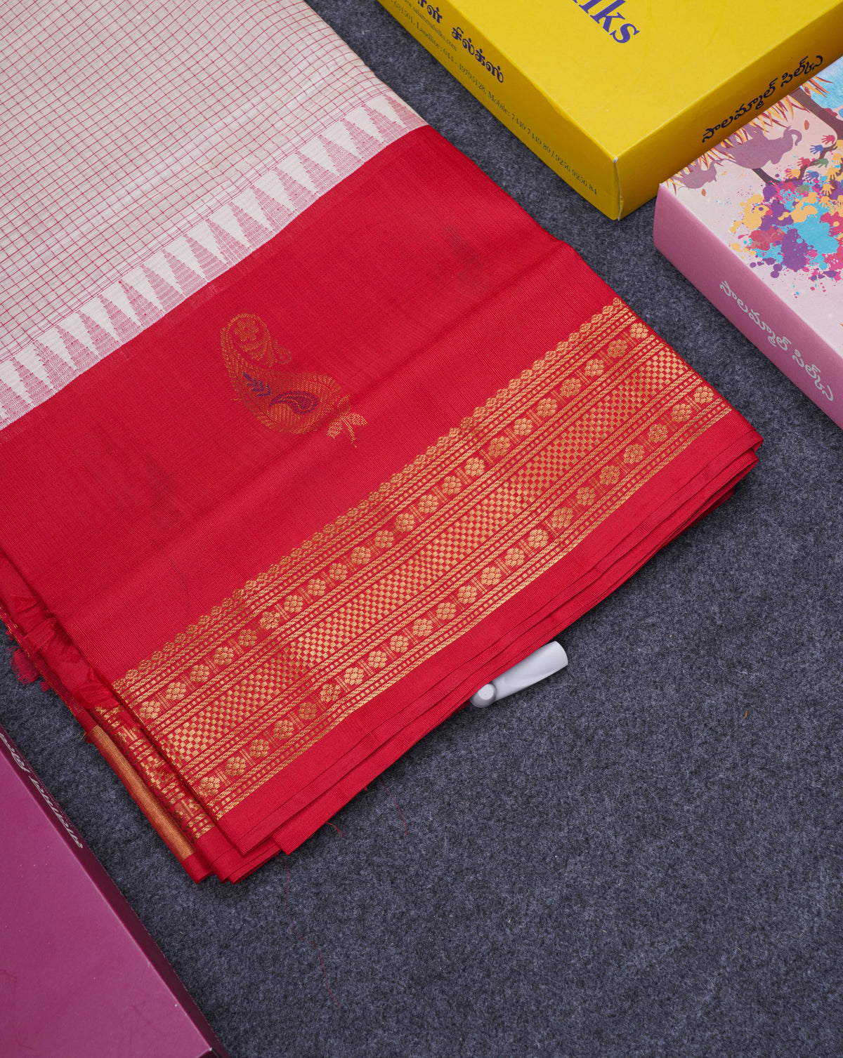 White Tiny Checks Pure Silk Cotton Saree With Contrast Chilly Red Traditional Long Menakari Work Border