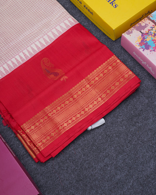 White Tiny Checks Pure Silk Cotton Saree With Contrast Chilly Red Traditional Long Menakari Work Border