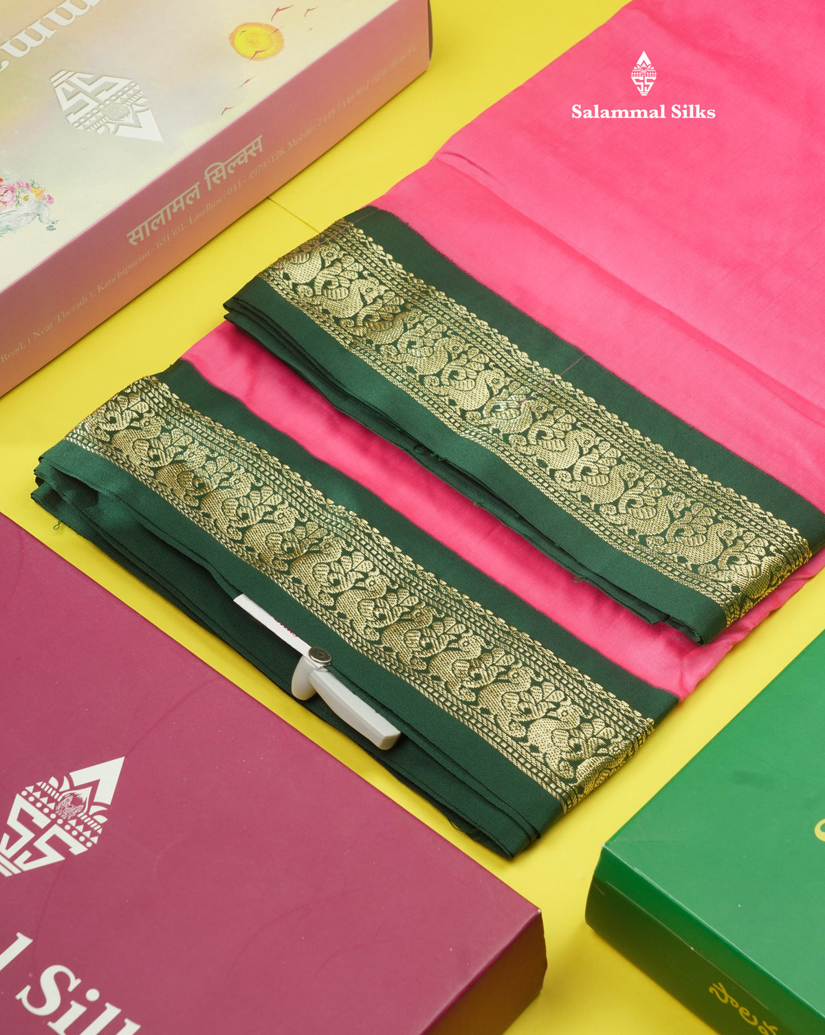 11 Yards Semi Silk Saree Pink with Contrast Bottle Green Border