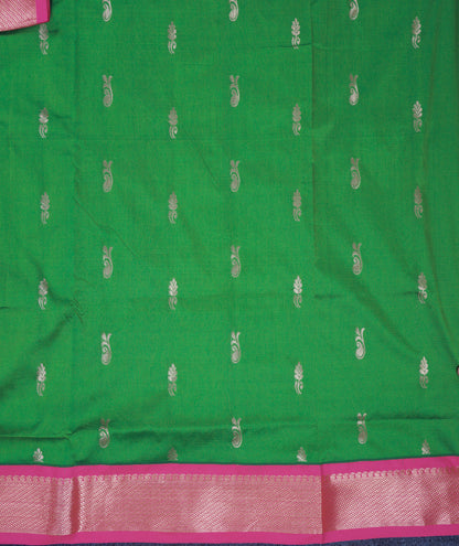 11 Yards Semi Silk Saree Green with Contrast Pink Traditional Border