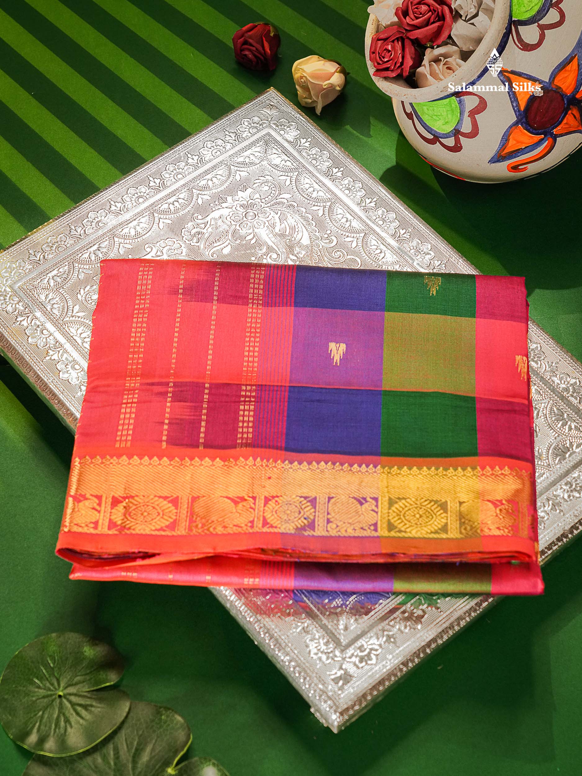 Multicolour Semi Silk Cotton Saree With Traditional Border