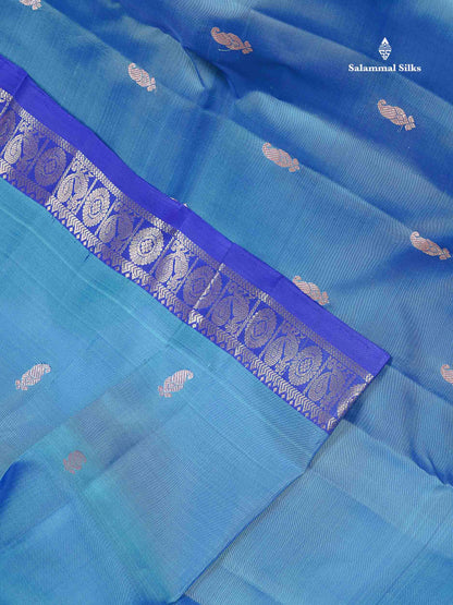 Pure Mix Silk Saree - Dual Tone Blue Colour Body Zari Butta With Contrast Violet Small Border