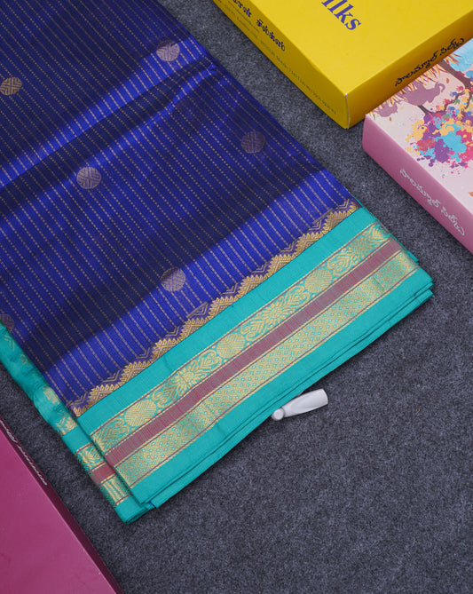 Beautiful Navy Blue Pure Silk Cotton Saree With Contrast Sapphire Green Traditional Border