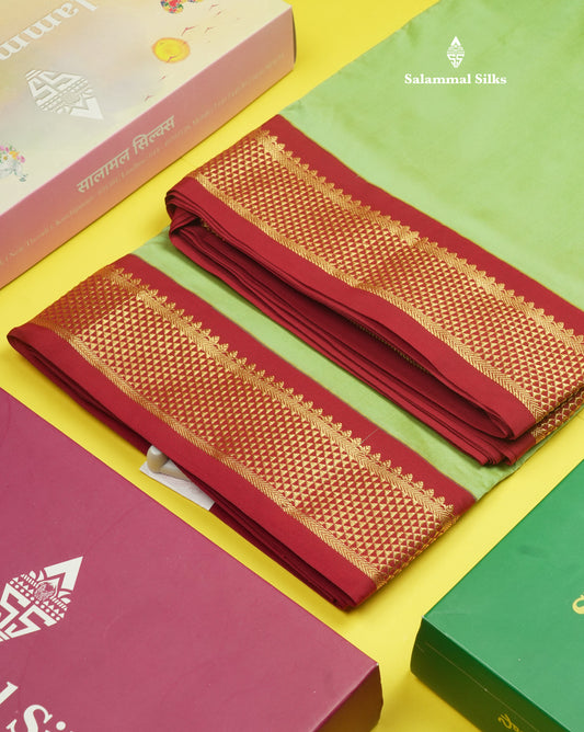 9.5 Yards Semi Silk Saree Light Green with Contrast Maroon Border