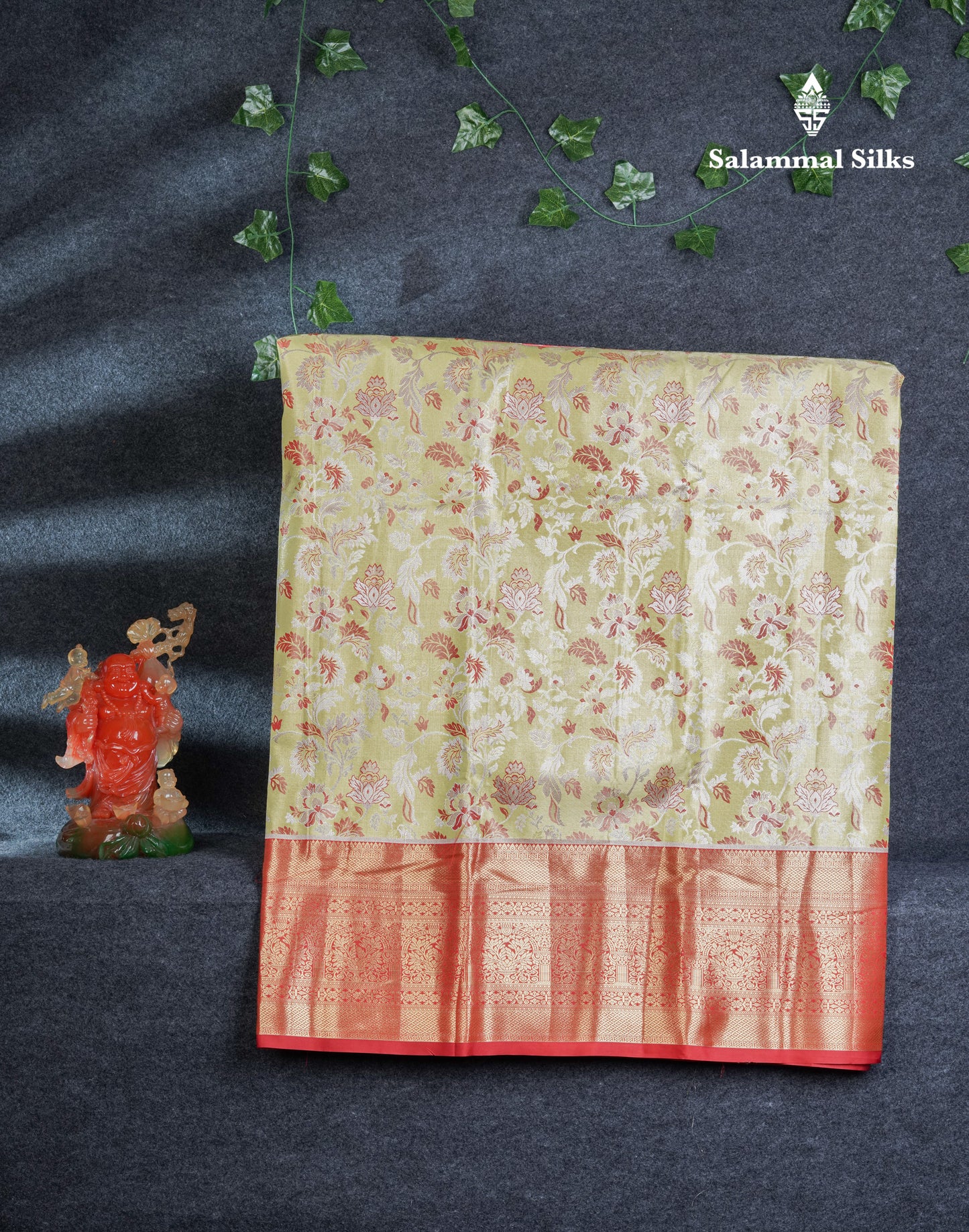 Semi Silk Pattu Pavadai Tissue (Manthulir Green) With Contrast Chilly Red Blouse 45"
