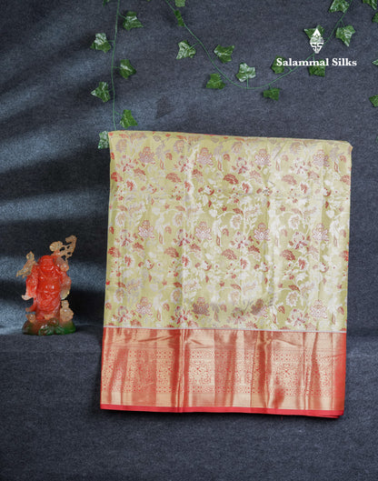 Semi Silk Pattu Pavadai Tissue (Manthulir Green) With Contrast Chilly Red Blouse 45"