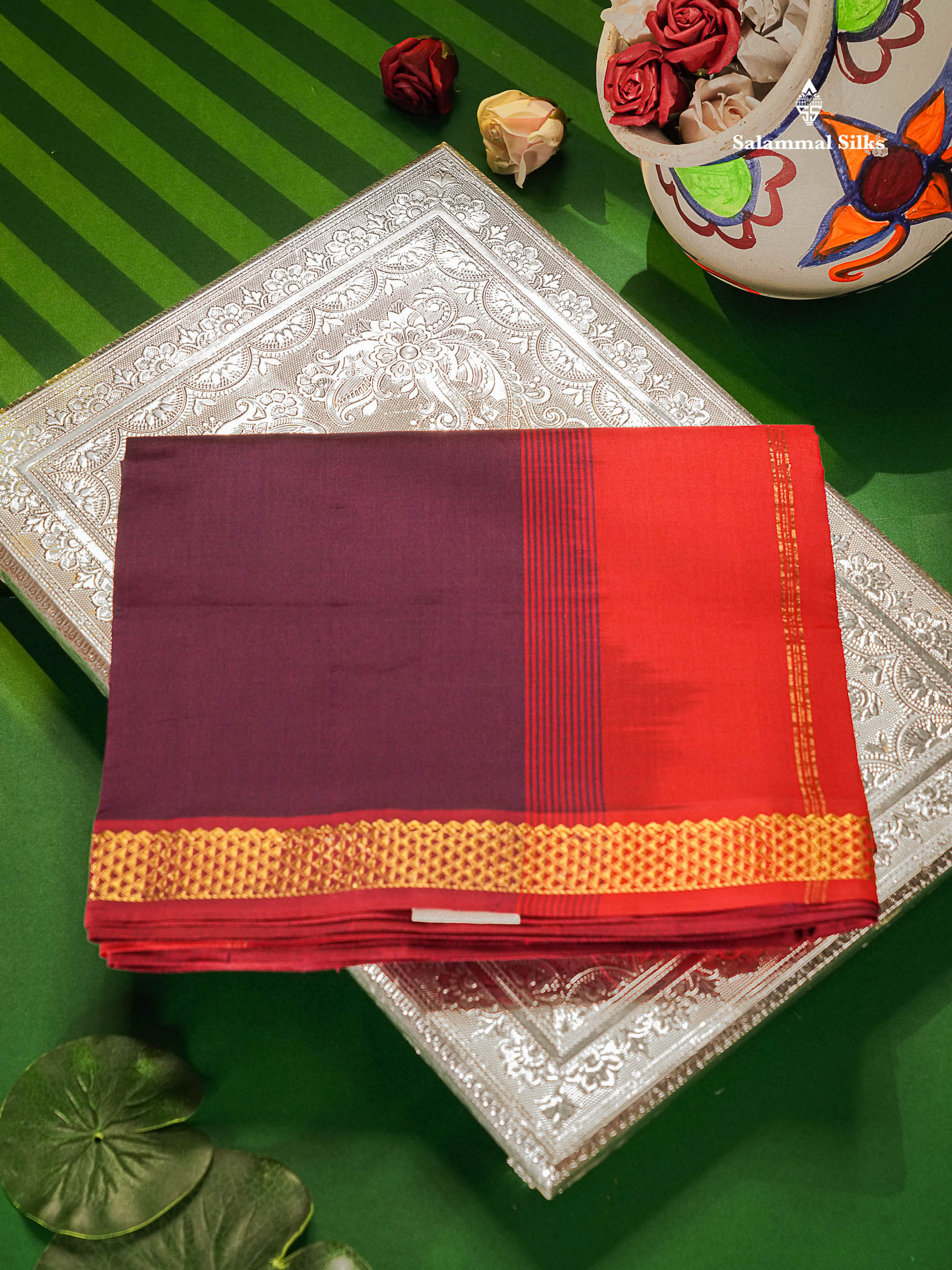 Dark Purple Semi Silk Cotton Saree With Small Border