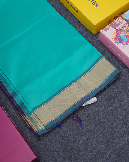 Beautiful Sapphire Green Semi Silk Cotton Saree With Contrast Navy Blue Blouse