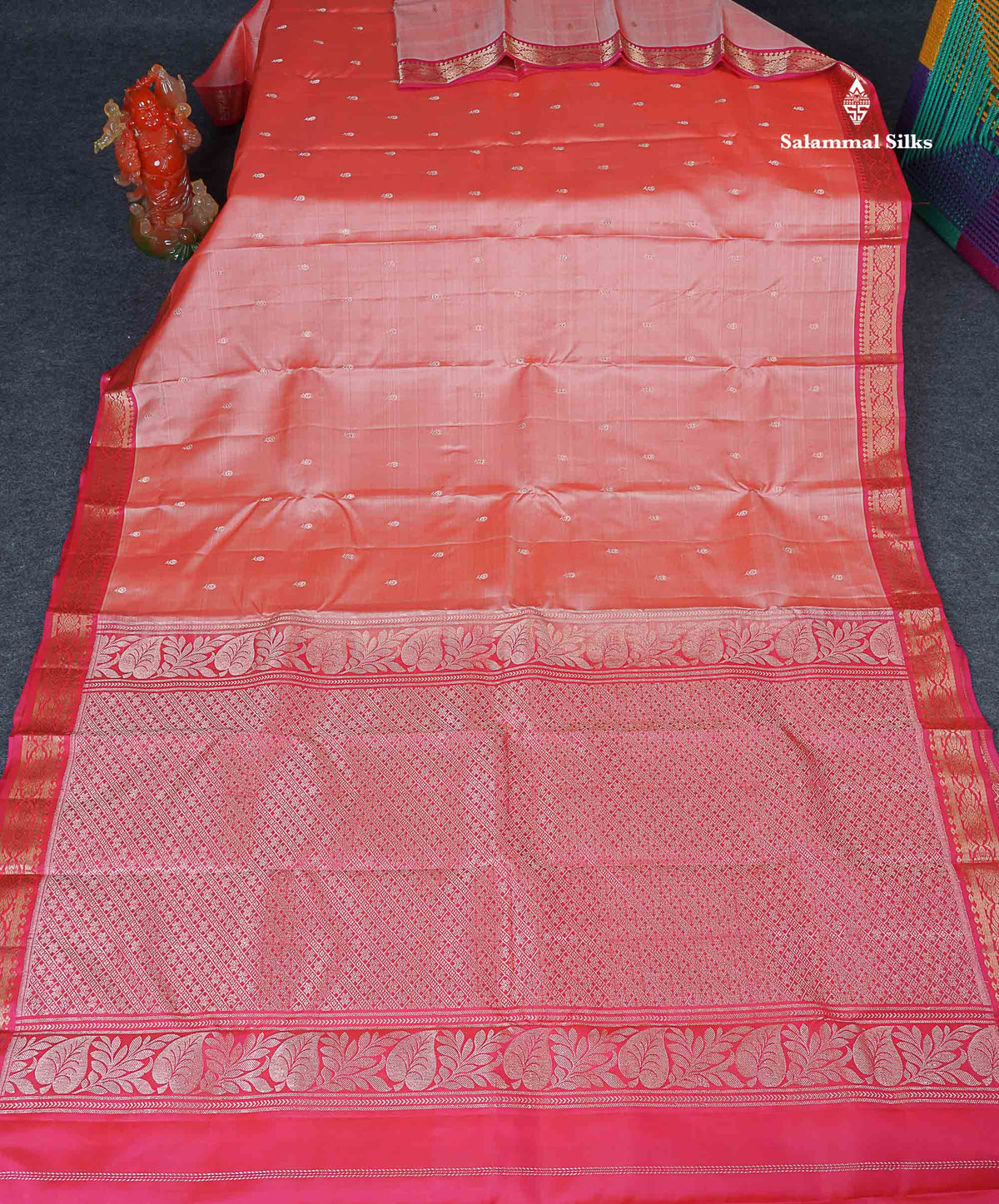 Pure Mix Silk Saree - Peach Colour Body Zari Butta With Contrast Pink Small Border
