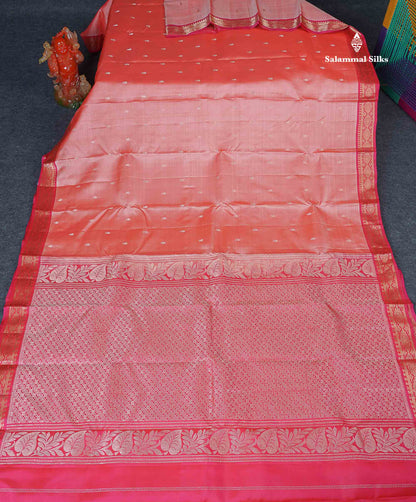 Pure Mix Silk Saree - Peach Colour Body Zari Butta With Contrast Pink Small Border