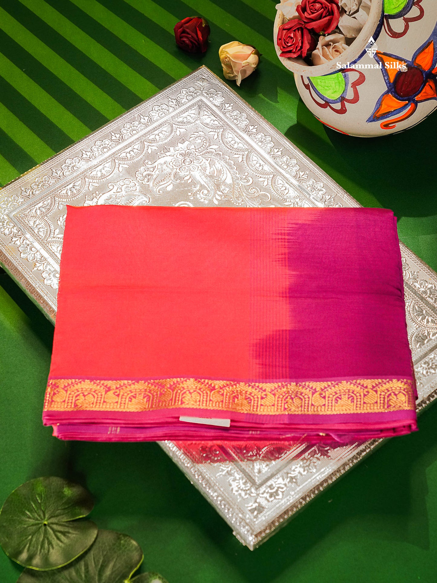 Dual Tone Pink Semi Silk Cotton Saree With Traditional Small Border