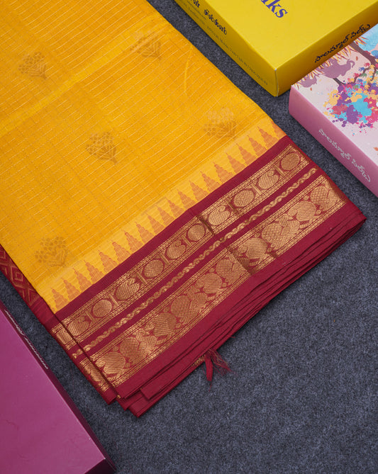 Yellow Small Zari Checks With Butta Pure Silk Cotton Saree With Contrast Reddish Maroon Traditional Border