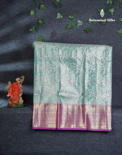 Semi Silk Pattu Pavadai Tissue (Sea Green) With Contrast Dark Purple  Blouse 45"