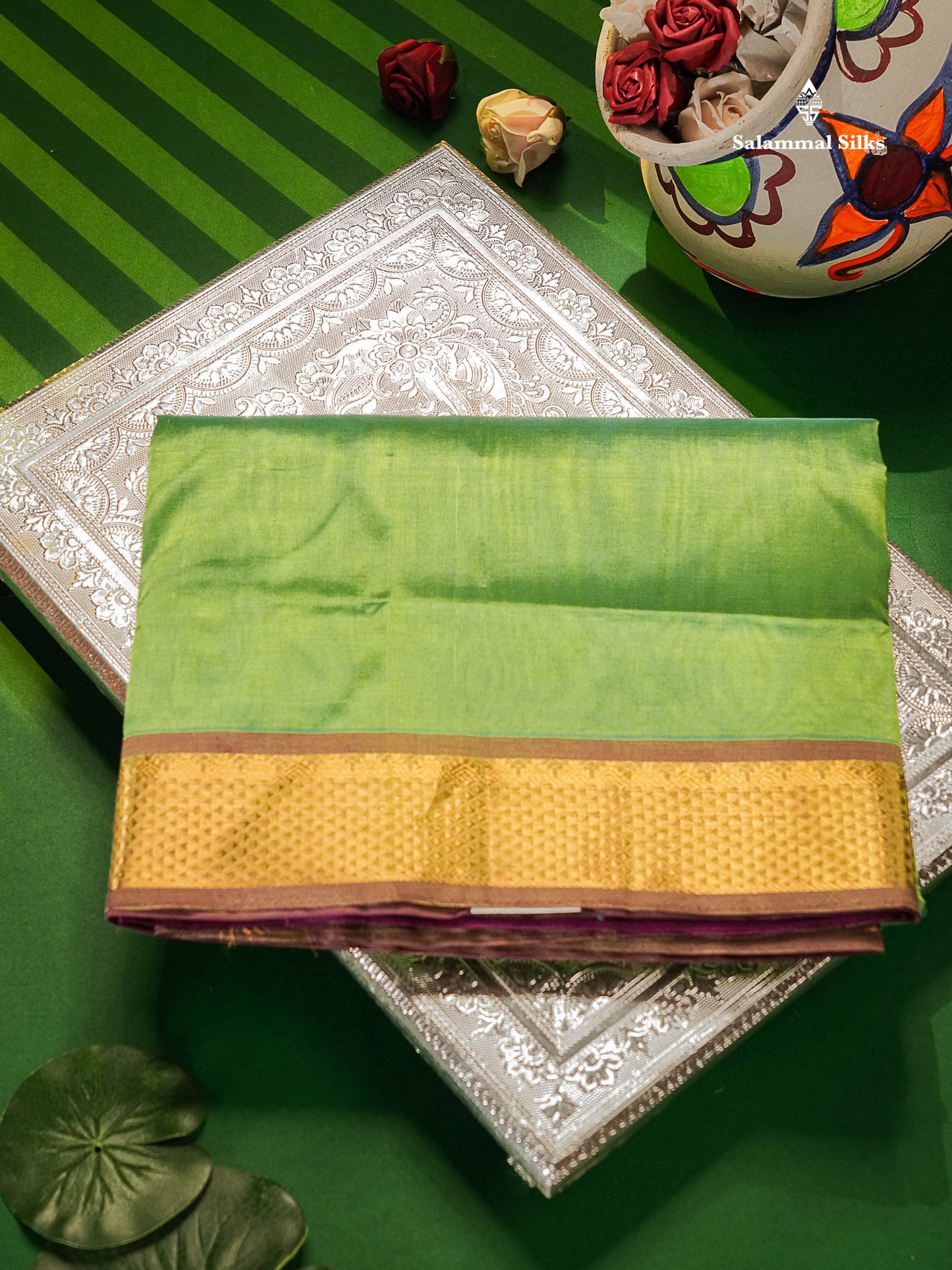 Rexona Green Pure Silk Cotton Saree With Traditional Border