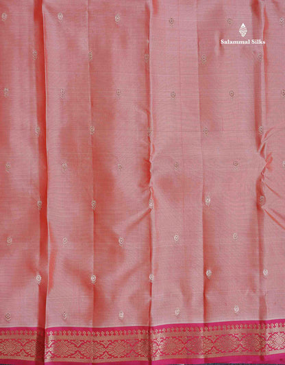 Pure Mix Silk Saree - Peach Colour Body Zari Butta With Contrast Pink Small Border