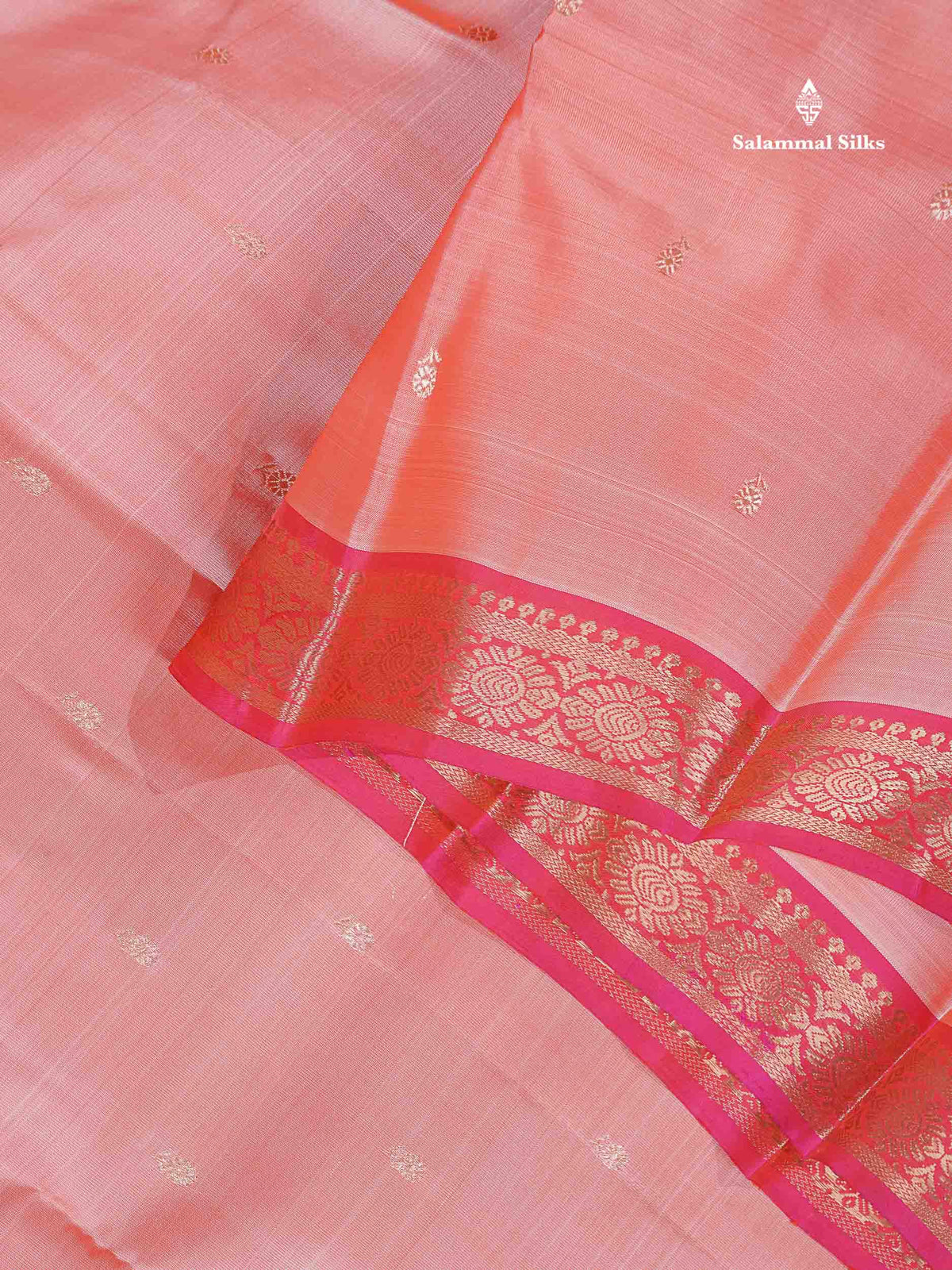 Pure Mix Silk Saree - Peach Colour Body Zari Butta With Contrast Pink Small Border