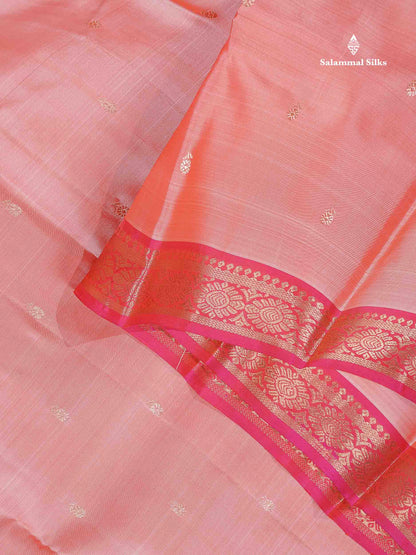 Pure Mix Silk Saree - Peach Colour Body Zari Butta With Contrast Pink Small Border