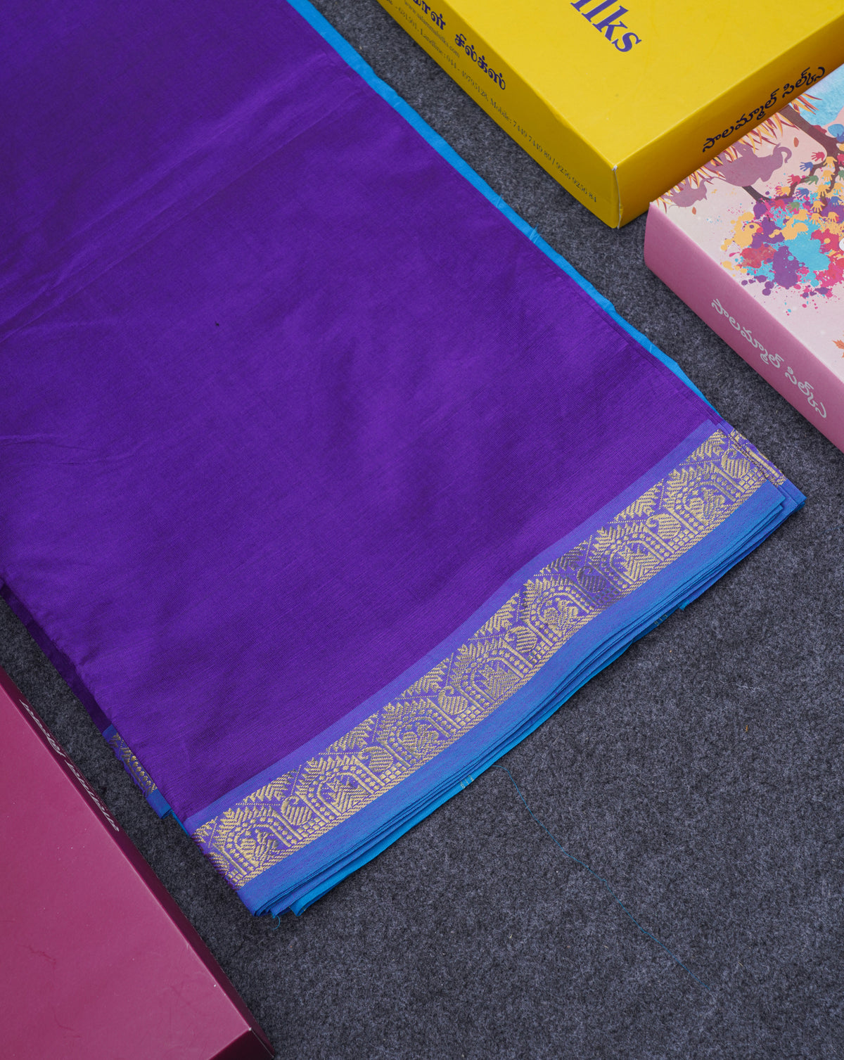 Beautiful Purple Plain Semi Silk Cotton Saree With Contrast Blue Blouse
