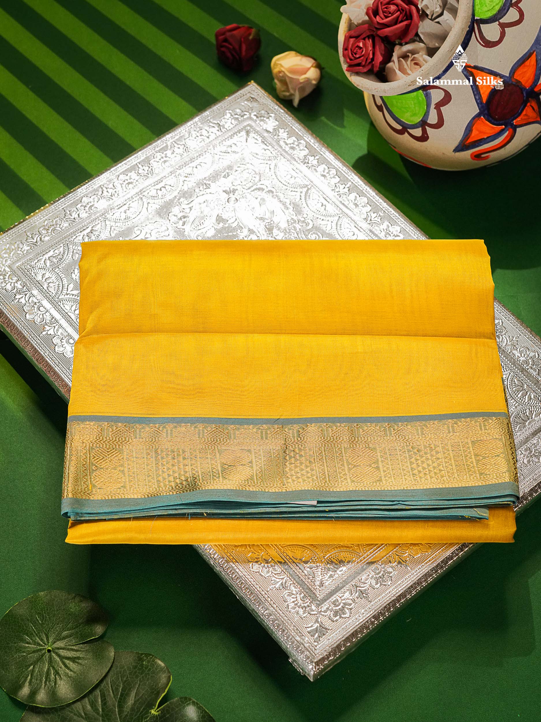 Yellow Pure Silk Cotton Saree With Traditional Border