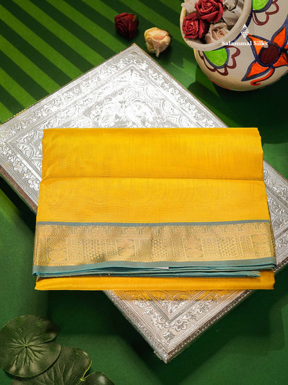 Yellow Pure Silk Cotton Saree With Traditional Border