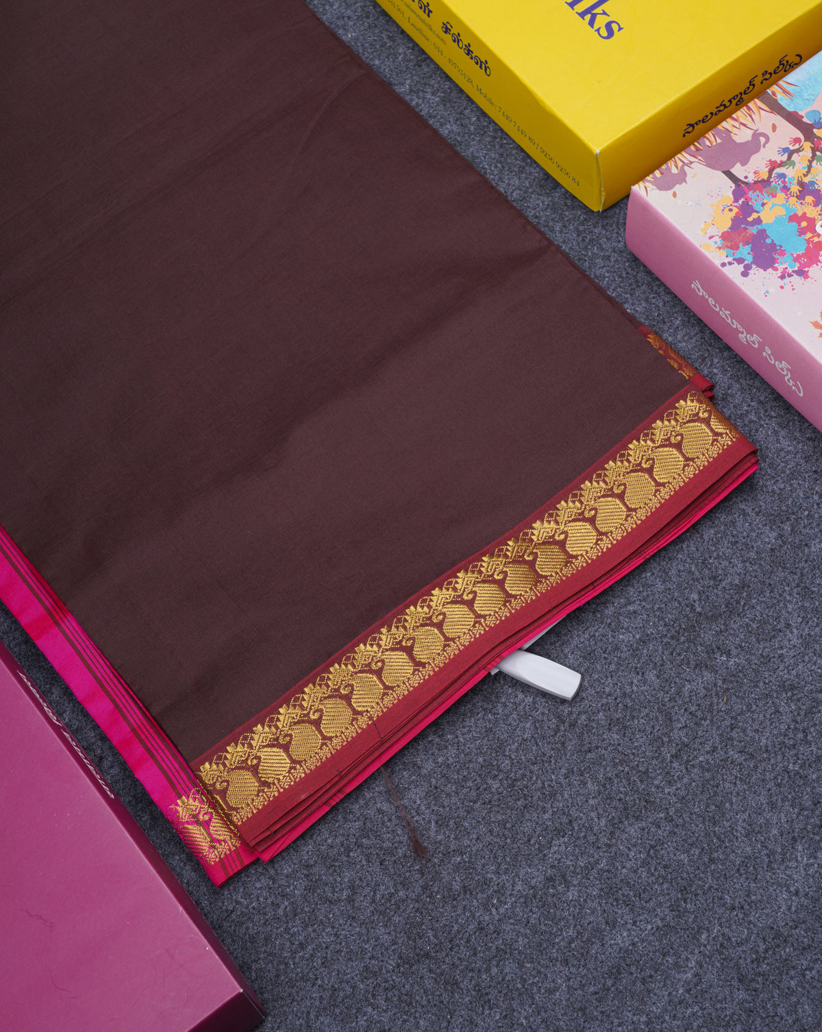 Beautiful Dark Brown Semi Silk Cotton Saree With Contrast Rani Pink Blouse