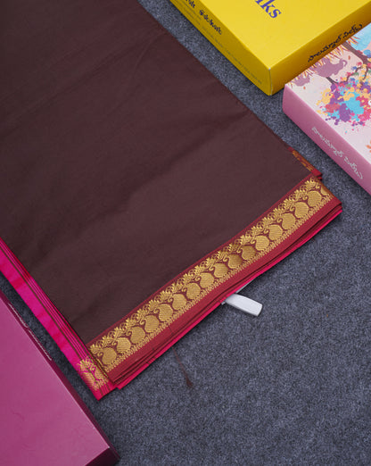 Beautiful Dark Brown Semi Silk Cotton Saree With Contrast Rani Pink Blouse