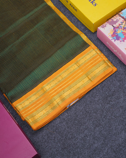 Bottle Green Tiny Checks Pure Silk Cotton Saree With Contrast Mustard Yellow Traditional Border