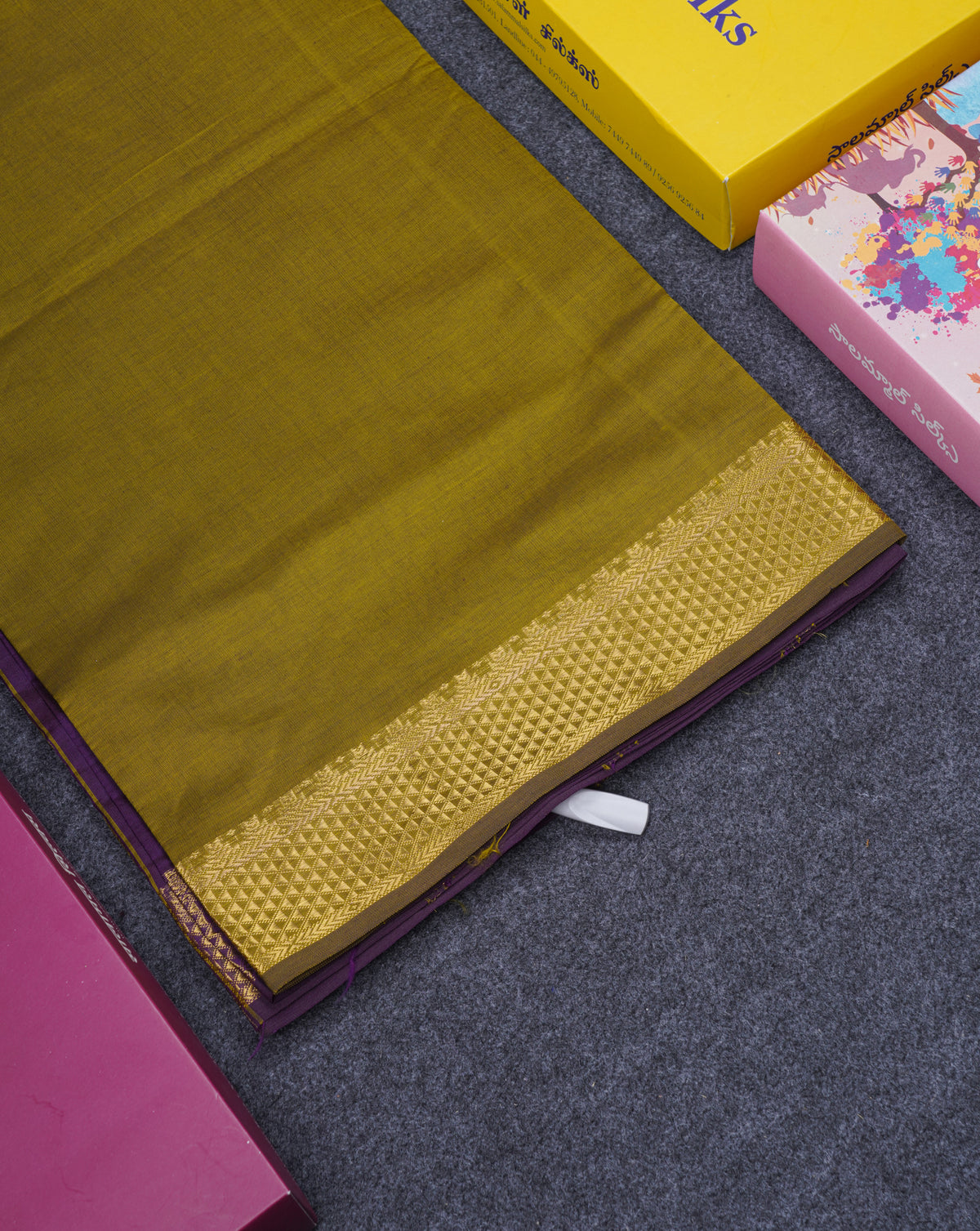 Olive Green Plain Semi Silk Cotton Saree With Contrast Dark Violet Blouse