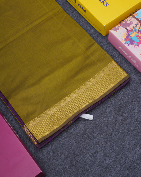 Olive Green Plain Semi Silk Cotton Saree With Contrast Dark Violet Blouse
