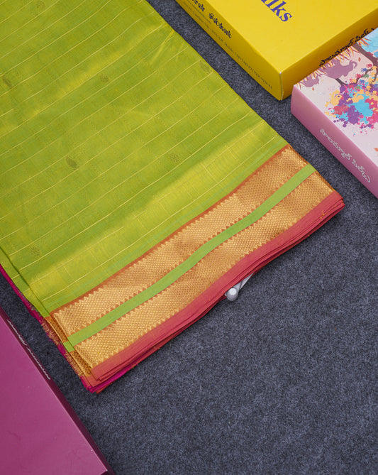 Parrot Green Checks With Butta Pure Silk Cotton Saree With Contrast Magenta Pink Blouse