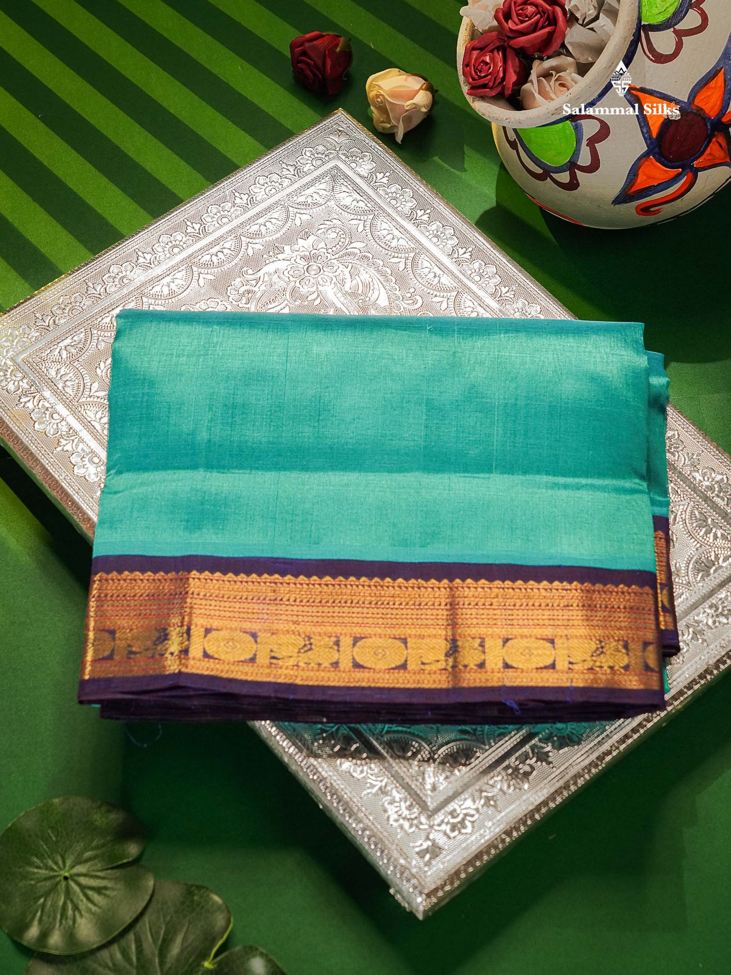 Sapphire Blue Korvai Pure Silk Cotton Saree With Dual Tone Blue Border